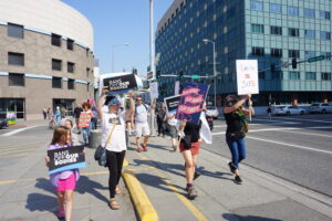 Abortion-rights advocates start a march along several downtown blocks to protest the U.S. Supreme Court ruling overturning Roe v. Wade. The protest was assembled hours after the June 24, 2022, ruling. (Photo by Yereth Rosen/Guardian Spotlight)