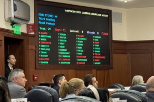 Members of the Alaska House watch for the vote tally on House Bill 17 on Thursday, March 21, 2024. (Photo by James Brooks/Guardian Spotlight)